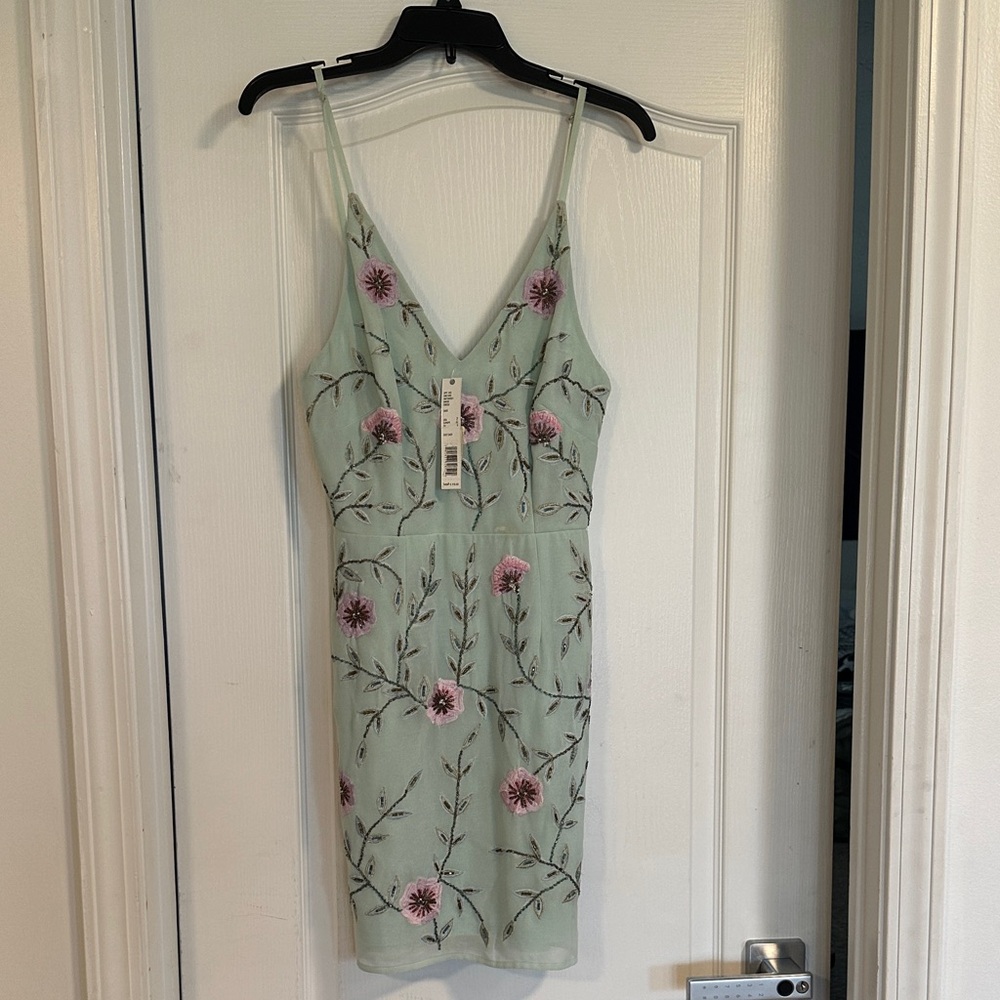 Gianni Bini Sage Embroidered Floral  Dress with Pink Accents